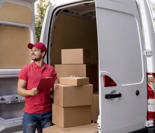 mover in front of van