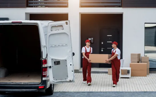 Removal company workers loading boxes and furniture into a moving van